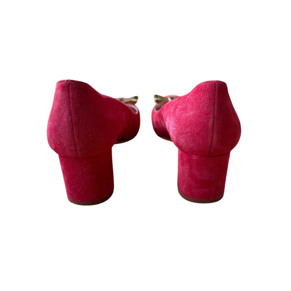 Kate Spade Red Suede Dijon Gold Metal Bow Block Heel Size 6 Classic Preppy Chic - Picture 14 of 15